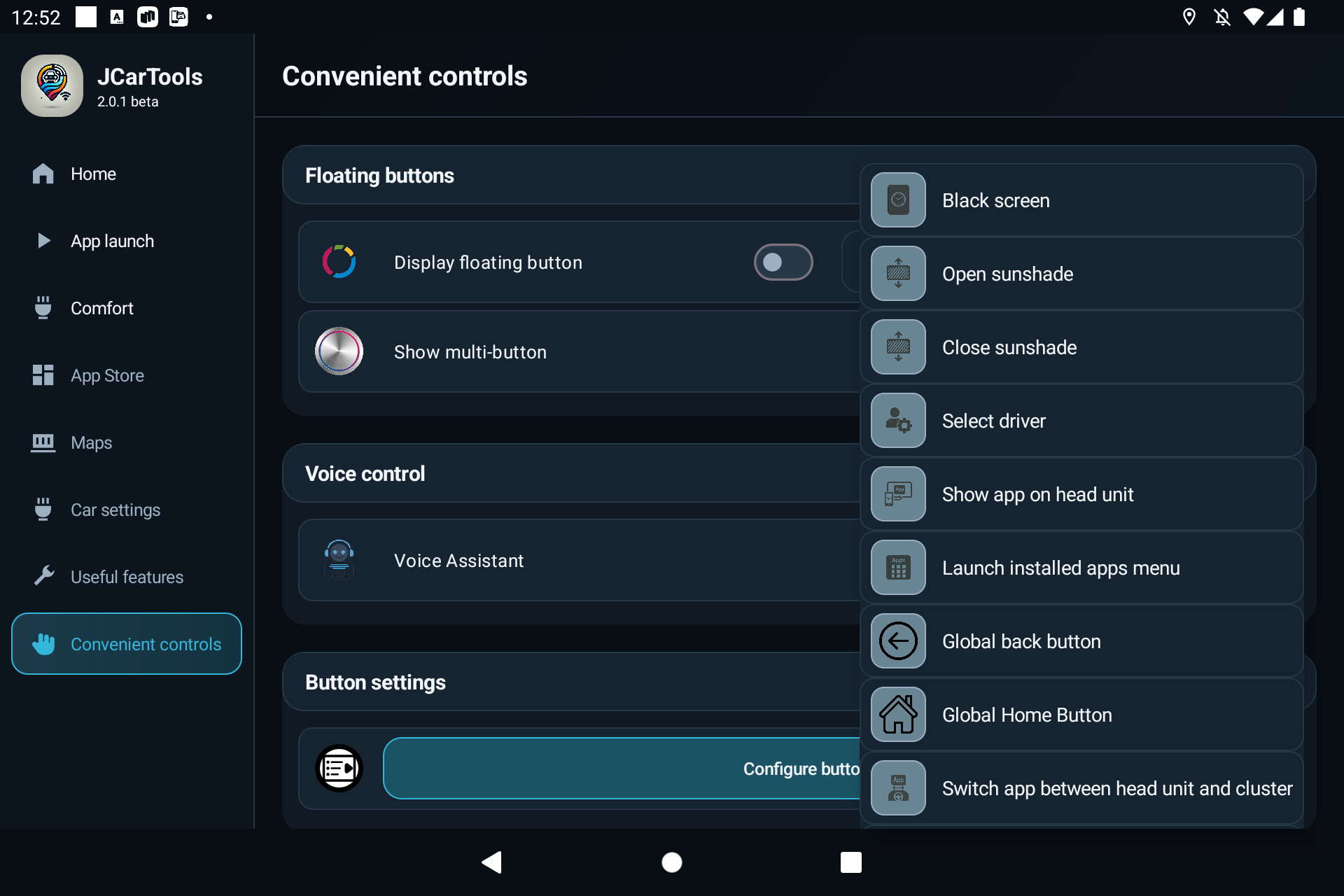 JCarTools shared action list with task groups, voice assistant, recirculation, volume and temperature controls