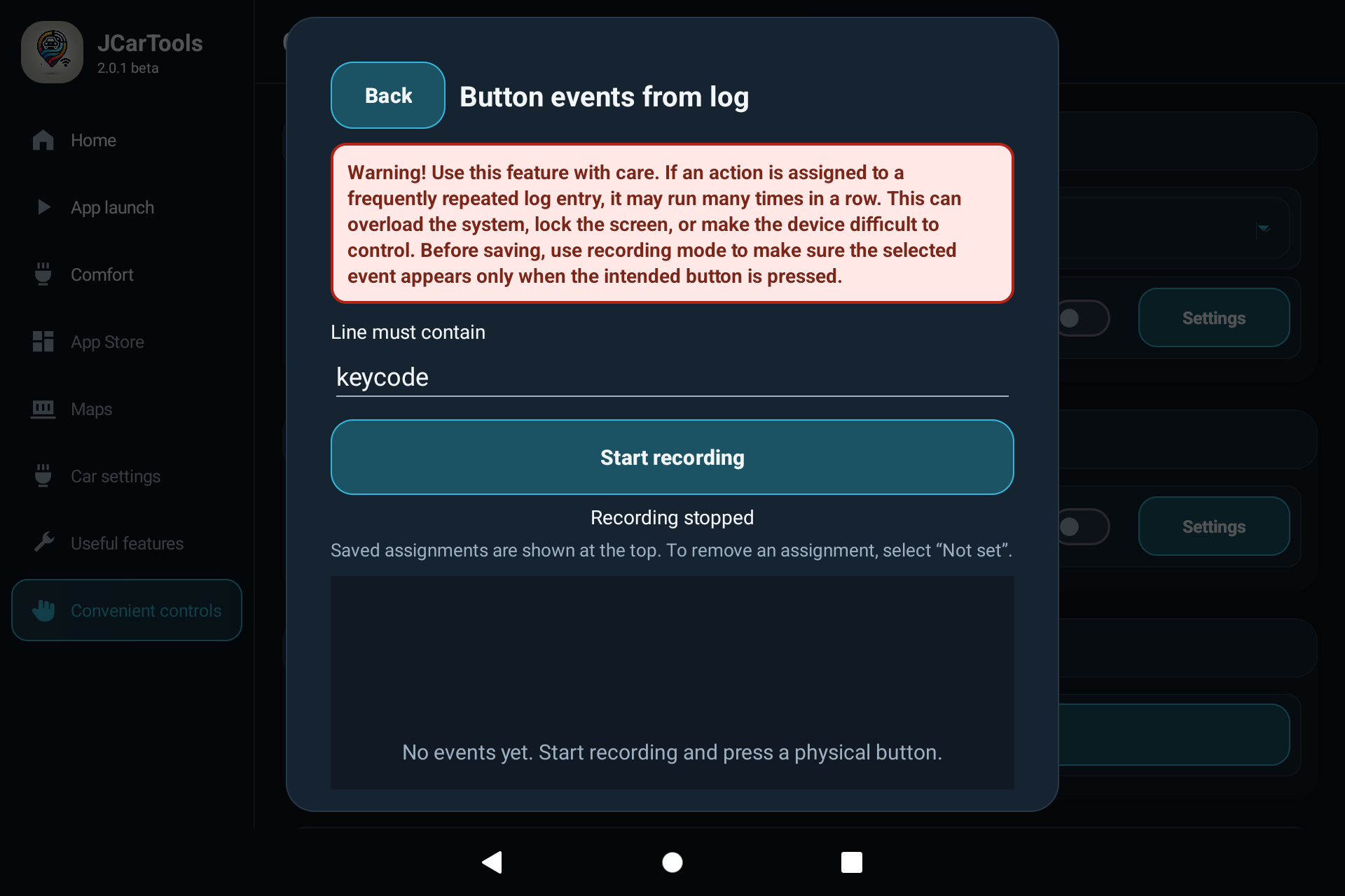 Assigning JCarTools actions to physical button keycode events from the system log