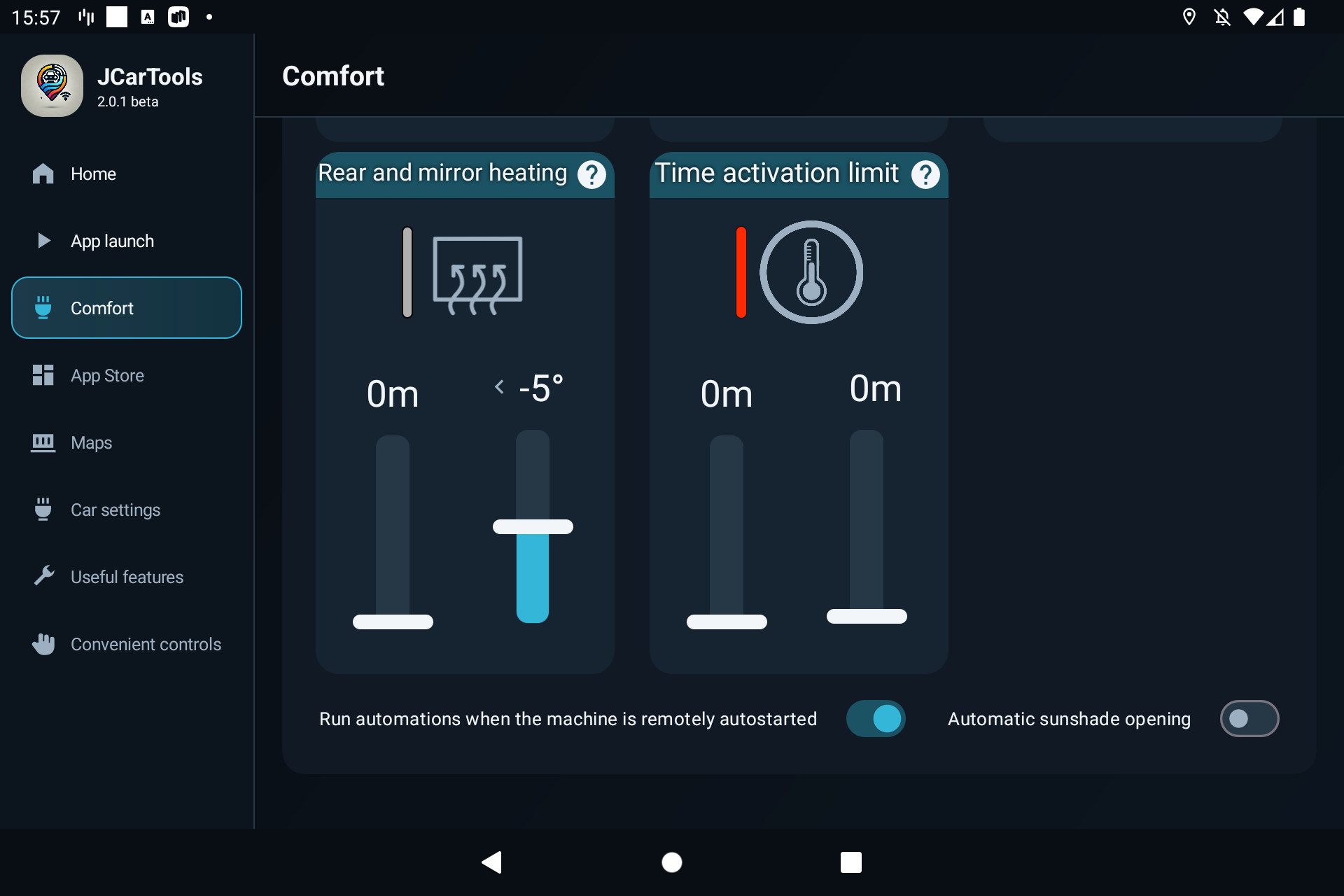 Configuring rear-window heating and shared timing limits for JCarTools comfort automations