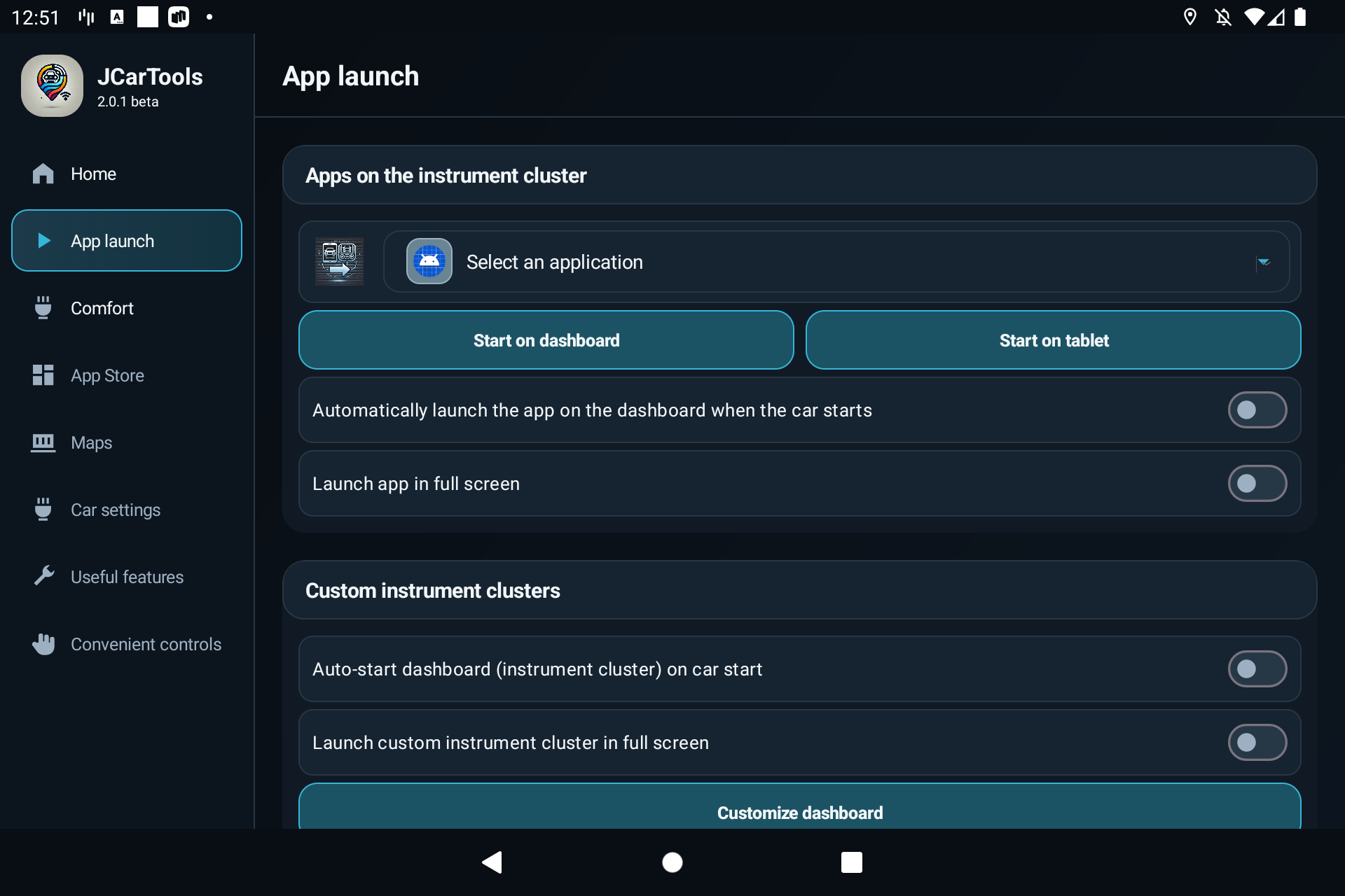 Selecting Waze or another app for the vehicle instrument cluster in JCarTools
