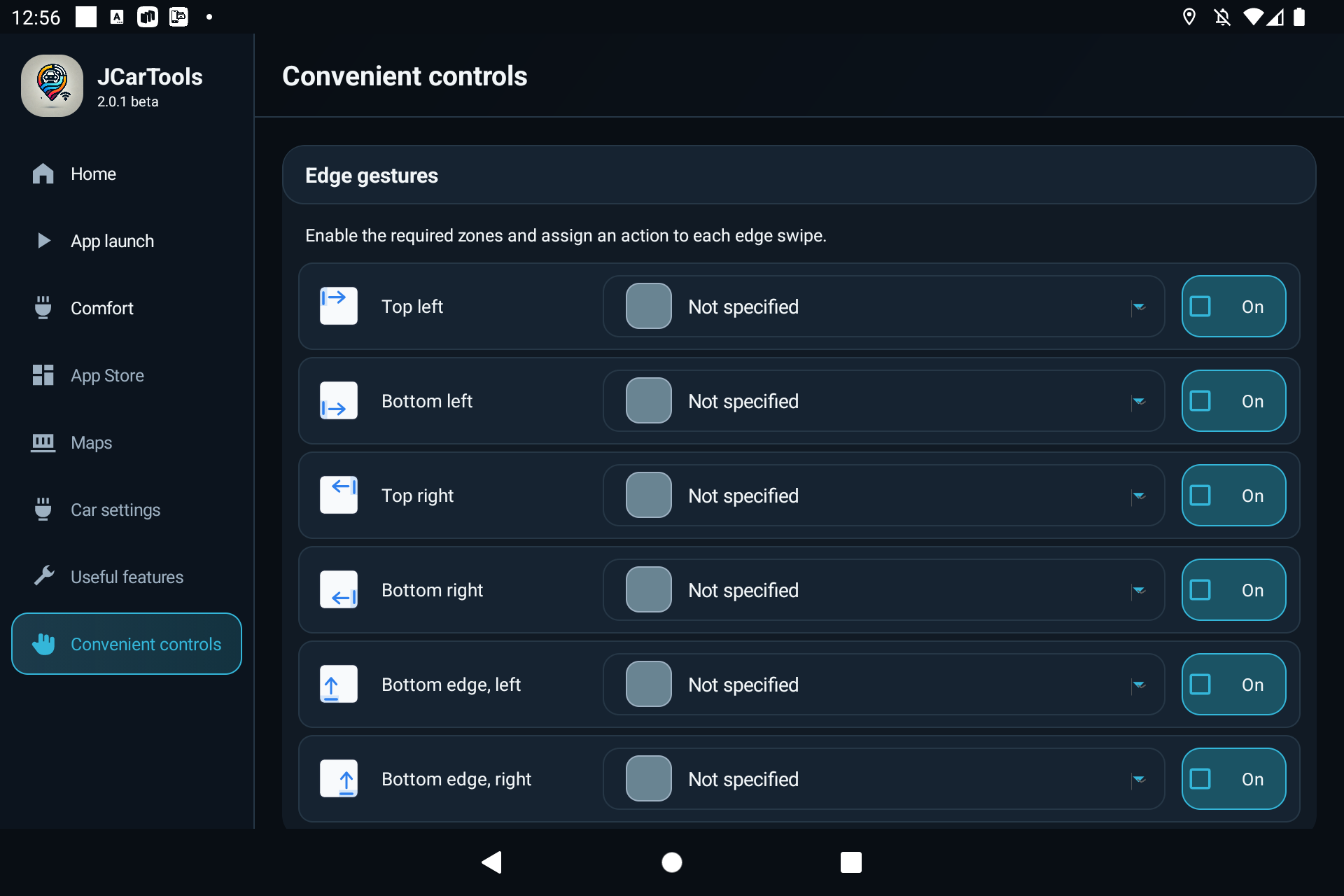 Configuring JCarTools swipes from the left, right and bottom edges of the screen