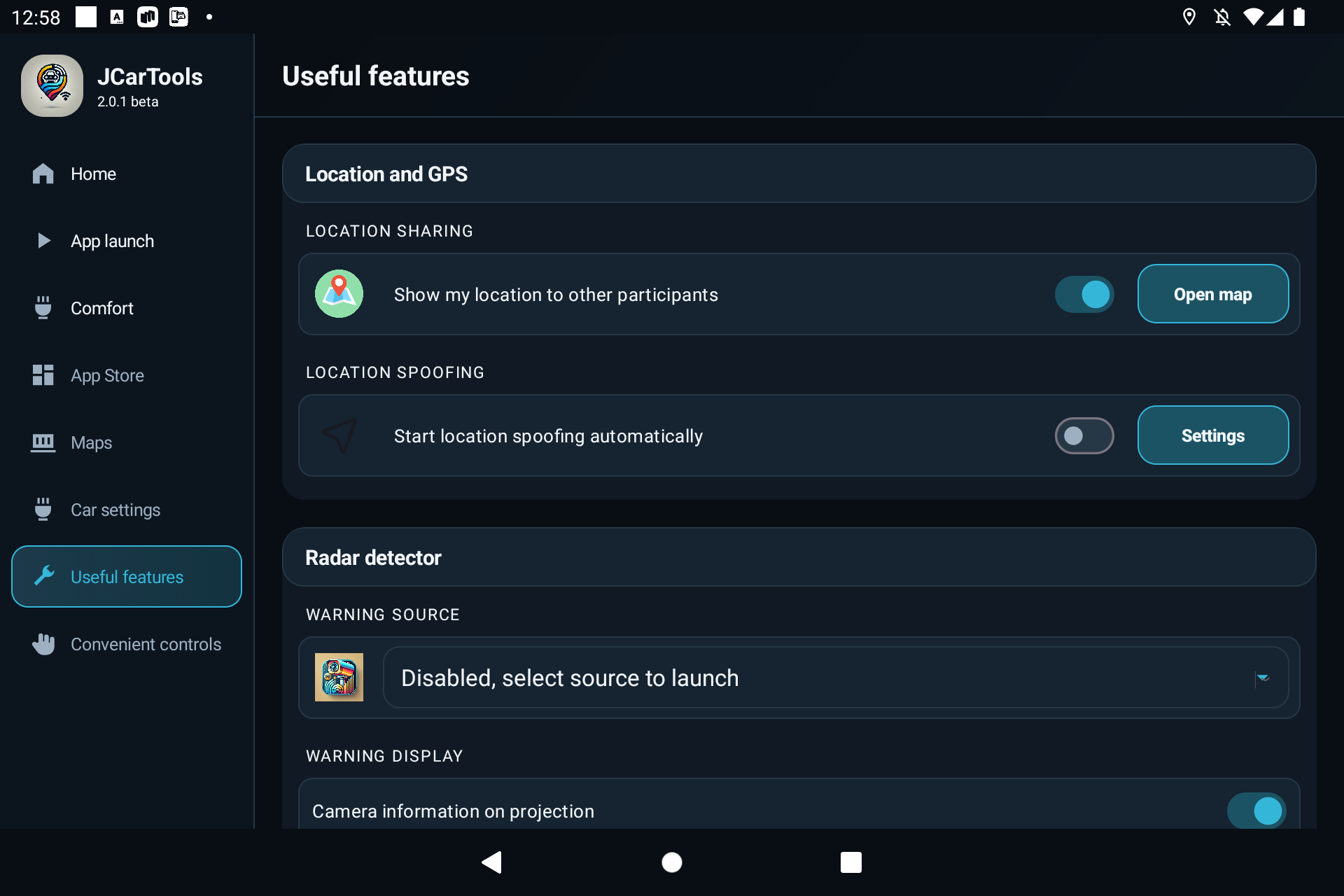 Location spoofing autostart and Settings in JCarTools Useful features
