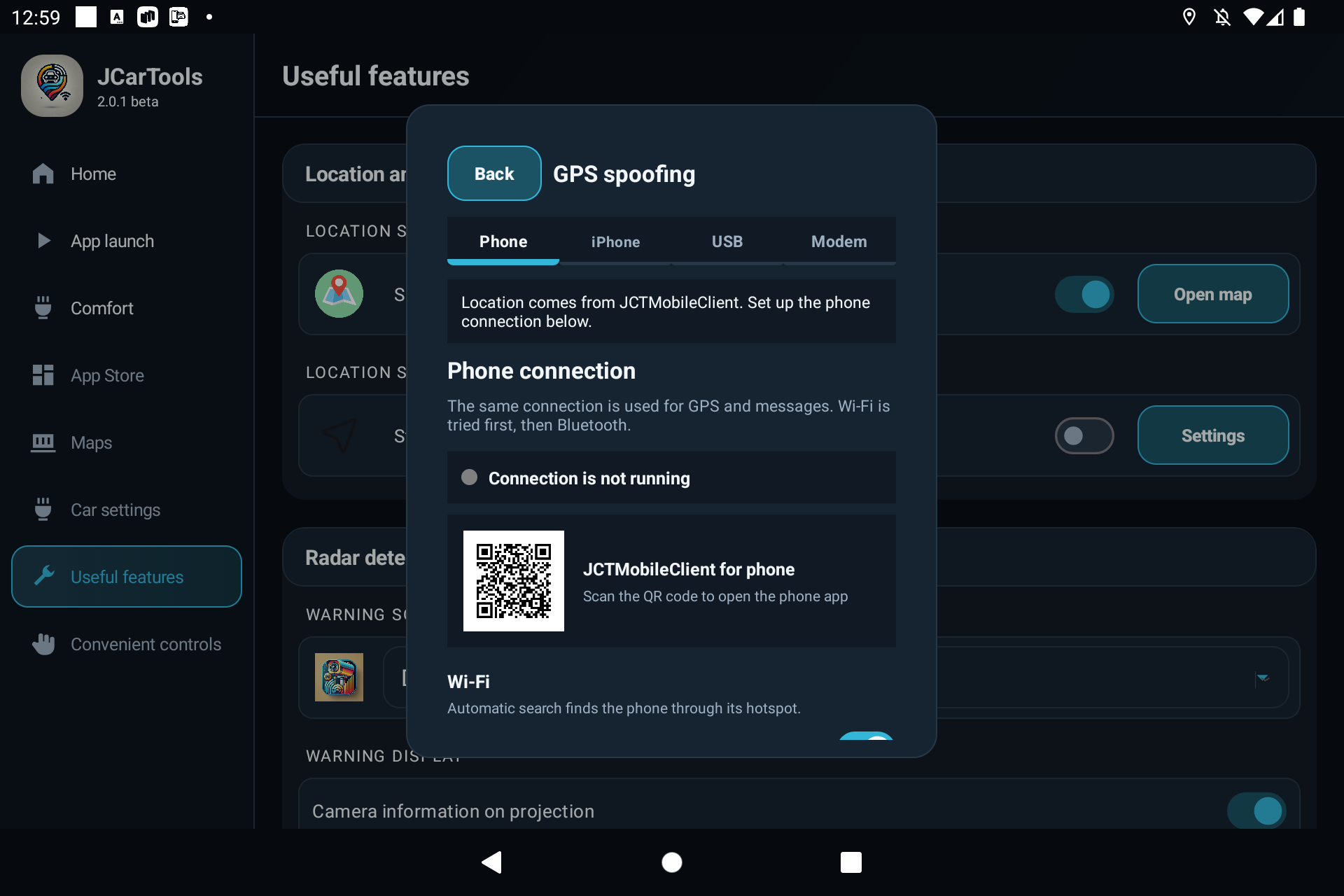 English Phone tab in JCarTools GPS spoofing settings with the JCTMobileClient QR code