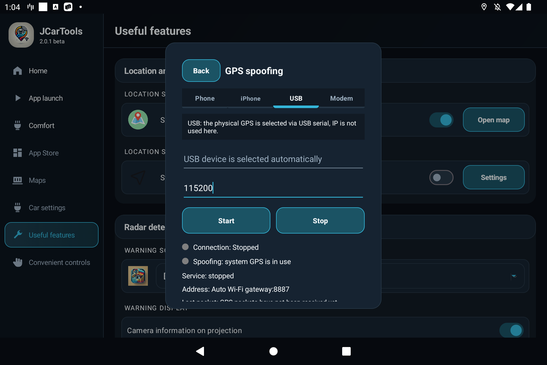 English USB GPS spoofing tab in JCarTools with 115200 baud
