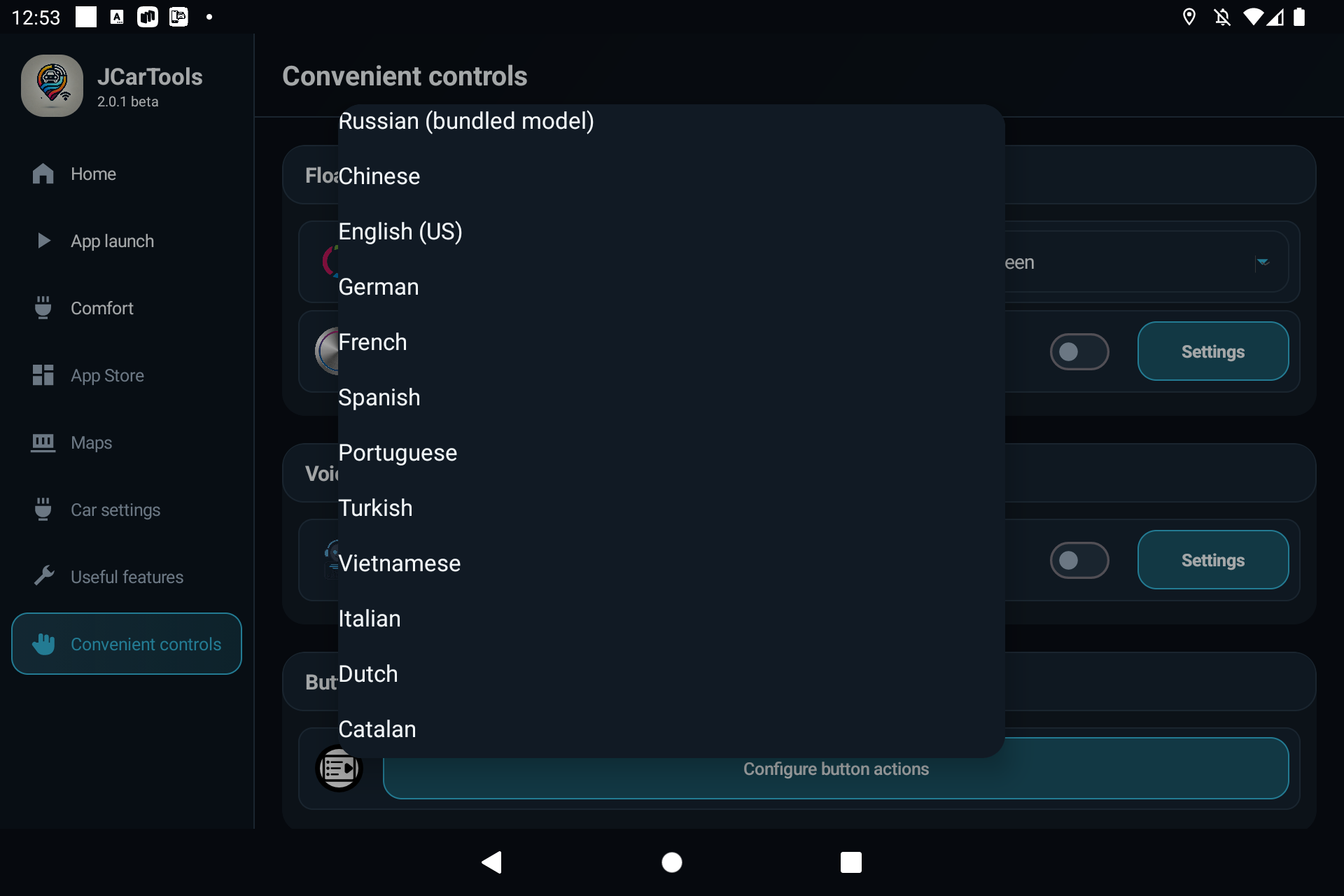 Selecting English, German, French, Spanish and other JCarTools voice recognition models