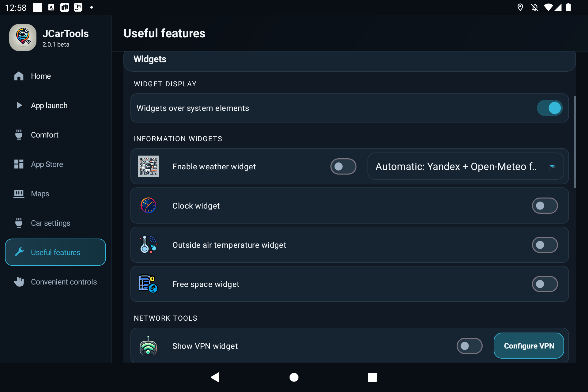 Configuring JCarTools overlay widgets, including size, position, weather, music and VPN status