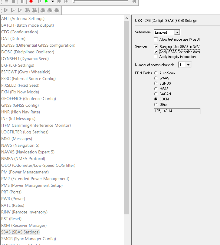 u-center SBAS SDCM correction settings
